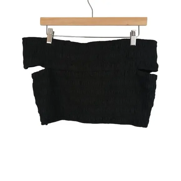 Everlane SZ L Organic Cotton Gauze Off Shoulder Smocked Top In Black NWT - Picture 4 of 4